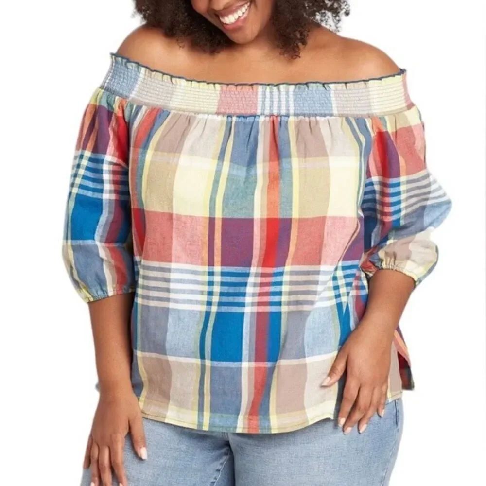 Lane Bryant Blue Red Yellow Plaid Off the Shoulder Blouse Top Shirt Size 14/16